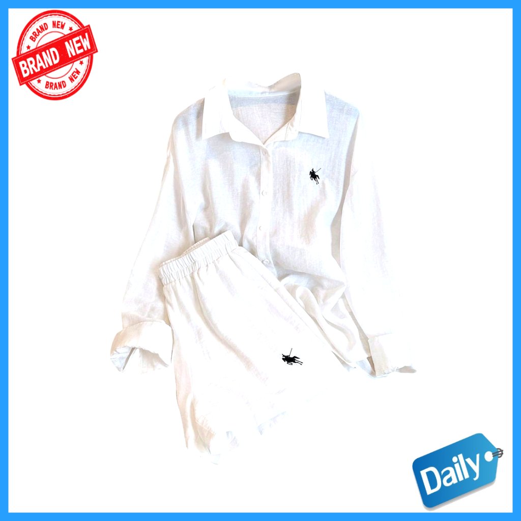 Linen Lounge Set With Button Down Shirt And Mini Shorts, 2 Piece Pajama